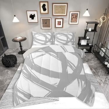 Imagem de Jogo de cama listrado cinza e branco, para adultos, jovens, adolescentes, contemporâneo, boêmio, arte moderna, colcha com linhas de graffiti, enchimento geométrico geométrico estético para