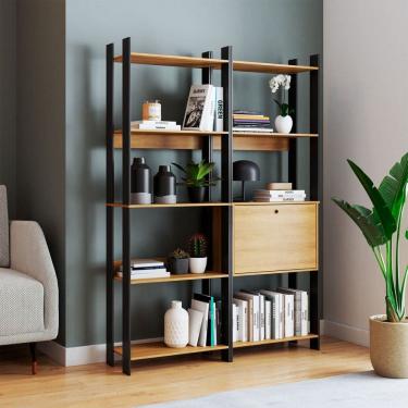 Imagem de Estante para Livros Barcelos 1 Porta 8 Prateleiras Marrom/Preto - Pnr Móveis