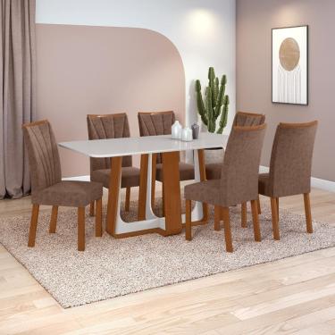 Imagem de Conjunto Sala de Jantar Mesa Easy Pop 170x90cm Tampo Vidro/MDF com 6 Cadeiras Confort Couro Morano Avelã Frassino/off White