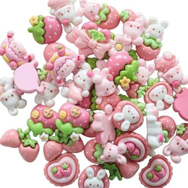 Imagem de Conjunto fofo de pingentes de geleca de 40 peças, conjunto de berloques de resina de morango e coelho rosa a granel misturado para decoração de grampo de cabelo de resina faça você mesmo