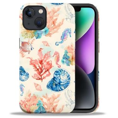 Imagem de Goodsprout Capa para iPhone 13/14, capa rígida híbrida de 2 camadas + capa protetora de silicone - à prova de choque - Colagem de concha de cavalo marinho de verão oceano coral peixe