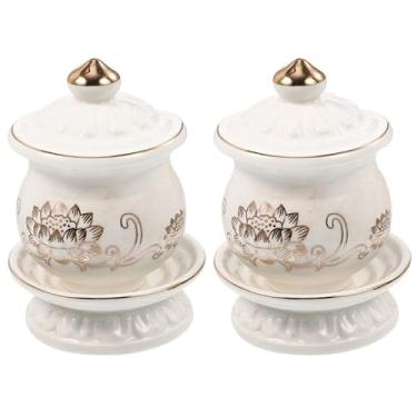 Imagem de GRIRIW 2 peças de copo de oferta de água de lótus elegante tigela de adoração de cerâmica para cerimônias budistas suprimentos de templo e decoração de casa design de porcelana com motivo de flor de