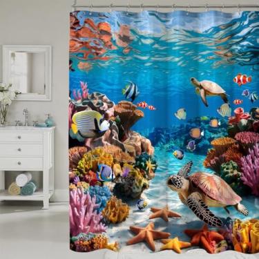 Imagem de COSEVIER Cortina de chuveiro de tartaruga marinha, oceano, praia, litoral, mundo marinho, vida marinha, conjunto de cortinas de banheiro com ganchos, decoração de casa 182 x 203 cm, tecido impermeável