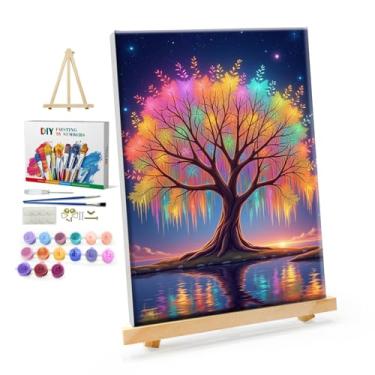 Imagem de YOYA Kit de pintura emoldurada por números para adultos - Kits de pintura de árvore da vida por números em tela com cavalete, pintura de árvore da vida DIY por número tela emoldurada para decoração de