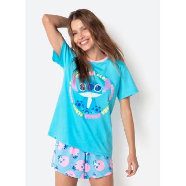Imagem de Pijama Manga Curta Puket Algodão Feminino Stitch Azul PP ao GG, Azul, 