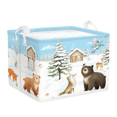 Imagem de HUUMONSS Cesta de presente de Natal com animais da floresta de inverno, urso, raposa, coruja, esquilo, prateleira, caixa de armazenamento de brinquedos, cesto dobrável para berçário, neve, 36L