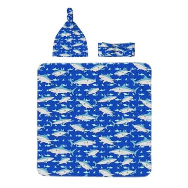 Imagem de Midaivu Cobertor de cueiro de tubarão azul para recém-nascidos com faixa de cabeça e conjunto de chapéu combinando, roupa para recém-nascidos voltando para casa, presente de chá infantil para 0 a 6