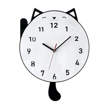 Imagem de IEUDNS Relógio de parede de gato com pêndulo, relógio decorativo fofo de animal, decoração de parede silenciosa para quarto de criança, sala de jantar, Branco