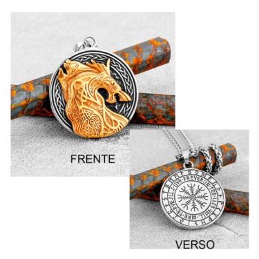 Imagem de Colar Corrente Masculina Pingente Viking Lobo Fenrir Runas Dupla Face 