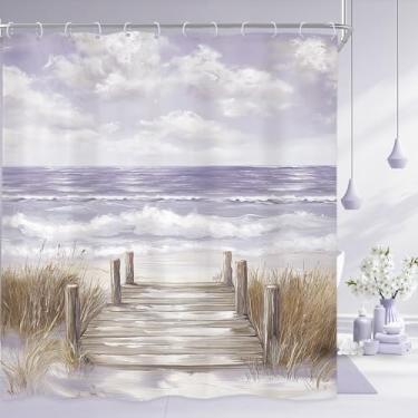 Imagem de Riyidecor Cortina de chuveiro de praia 182x182 cm Roxa Havaiana Oceano Pintura a Óleo Céu Verão Costa Praia Paisagem Moderna Natureza Decoração de Banheiro Tecido Poliéster Impermeável Pacote com 12