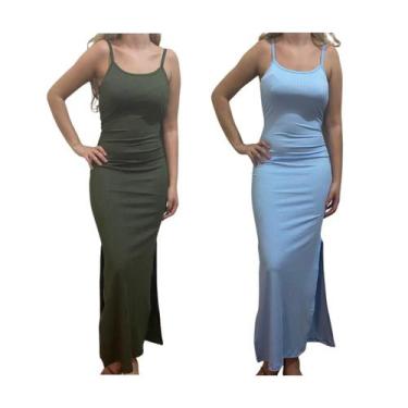 Imagem de Kit c/2 Vestidos Longo Canelado com Fenda - Empório J, Militar, Azul b