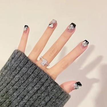 Imagem de ZMRZ Press on Nails Unhas postiças curtas pretas com glitter francês, coração, strass, 3D, pontas de unhas falsas quadradas, manicure artificial para mulheres – 24 peças com kit de cola (preto francês