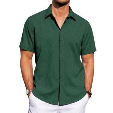Imagem de Camisa masculina J.VER de linho, manga curta, algodão verde escuro, 3G