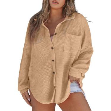 Imagem de Jaqueta feminina Shacket Eytino Plus Size Waffle Knit 3 x damasco