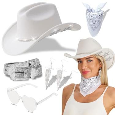 Imagem de THDZS Chapéu de cowboy para mulheres e homens com estrelas brilhantes aba e strass cinto e coração óculos de sol bandana, Branco, Tamanho Único