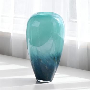 Imagem de Vaso de vidro azul-petróleo de 28 cm de altura para flores, vaso decorativo gradiente soprado à mão para decoração de casa, peça central, mesa de jantar, prateleira, casa de banho, entrada, bancada