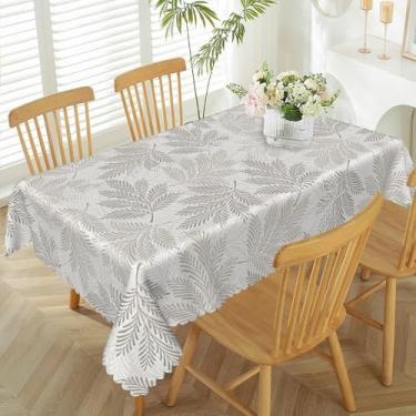 Imagem de TTQYFNM Toalha de mesa retangular com folhas cinzas 152 x 213 cm, estampa de folhas de primavera, toalha de mesa rústica, impermeável e resistente a manchas, para fazenda, cozinha, sala de jantar