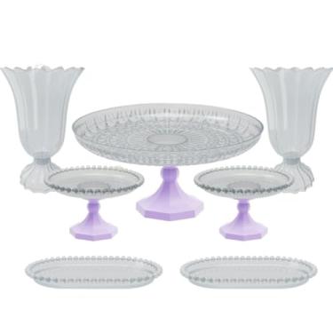 Imagem de Kit Cristal boleira lapidada 24x11+2 vasos popi+2 mini boleiras perola+ 2 bandejas perola 20x13 cm(LIC - LILAS CANDY)