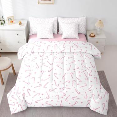 Imagem de Conjunto de edredom rosa de Natal para meninas, conjunto de cama de bengala doce de Natal em uma bolsa para crianças adolescentes, conjunto de cama com edredom rosa e branco, tamanho casal