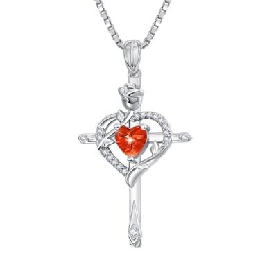 Imagem de CupidGift Colar de cruz para mulheres, banhado a ouro 14 K, banhado a ouro 18K, delicado coração, pedra do mês de nascimento, rosa, joias diárias, batismo, fé, aniversário, Natal, presentes de