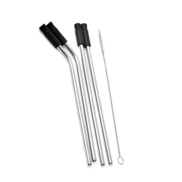 Imagem de Kit Canudos Reutilizáveis, Aço Inox, 29cm, 4 Canudos com Pontas de Silicone e Escova de Limpeza