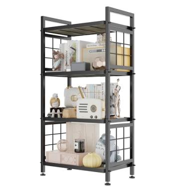 Imagem de GIOTORENT Prateleiras de despensa de 4 camadas com tábuas de madeira, prateleiras de armazenamento resistentes e prateleira de livros, unidade de prateleira de metal ajustável para organizador de