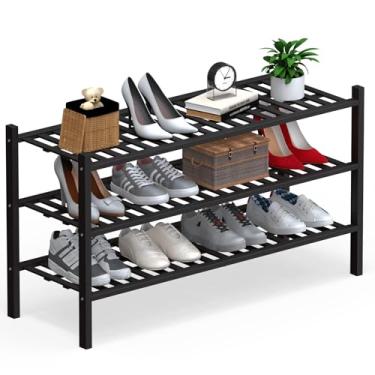 Imagem de Haddockway Organizador de armazenamento de sapatos de bambu longo de 3 níveis, prateleira empilhável multifuncional com painel de grade para armário, corredor, entrada, espaço pequeno 86,9 x 28 x 50,8