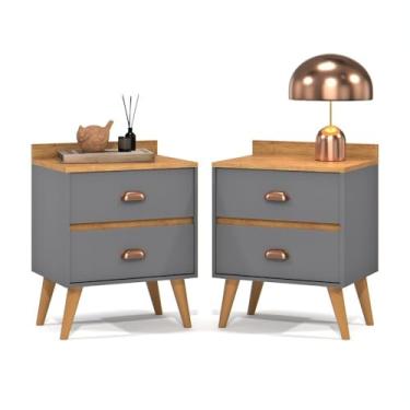 Imagem de Kit com 2 mesas de cabeceira vintage com 2 gavetas(KIT 2 MADERO - CINZA/FREIJÓ)