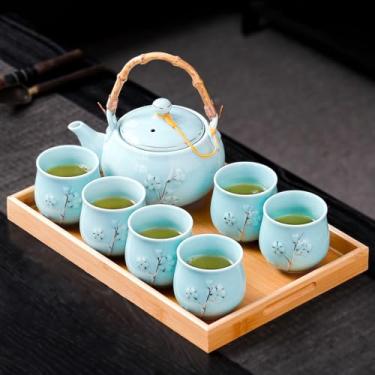 Imagem de Conjunto de chá japonês, conjunto de chá de porcelana branca com 1 conjunto de bule de chá, 6 xícaras de chá, 1 bandeja de chá, 1 infusor inoxidável, flor de ameixa em relevo, conjunto de chá chinês