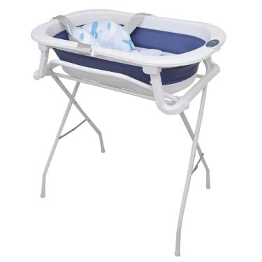 Imagem de Banheira Bebe Com Suporte Dobravel Almofada Banho Termometro - Azul