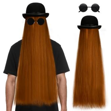 Imagem de JcHrmers 2 peças de peruca marrom de dia das bruxas com chapéu de bowler Derby preto óculos de sol para homens e mulheres, dia das bruxas, carnaval, cosplay, festa