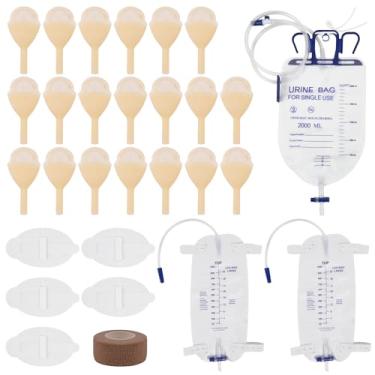 Imagem de Cateteres masculinos externos para homens, 20 peças de conjuntos de látex macio, sacos de urina de 1000 ml e 2000 ml para idosos, conjunto de 2 fitas de rolo para homens com incontinência (40 mm)