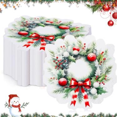 Imagem de Engrowtic 100 peças de papéis de guirlanda de Natal guardanapos de Natal descartáveis em forma de coquetel guardanapos decorativos de férias com laço e bola para férias de inverno, casamento, jantar