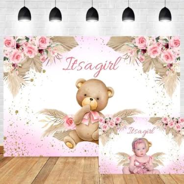 Imagem de Pano de fundo para chá de bebê de 1,5 x 1,2 m Boho Bear para meninas, suprimentos de decoração de festa, boêmio, grama, blush, rosa, floral, é uma menina, fundo de fotografia revelador de gênero