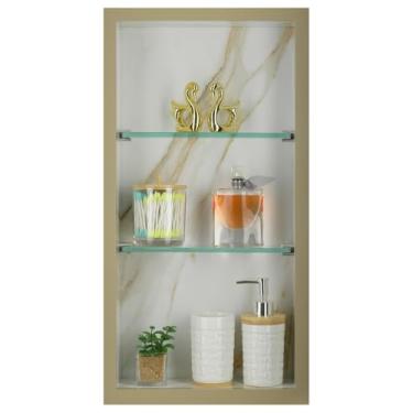 Imagem de Nicho Vertical em Porcelanato Polido (Calacata C/Bordas Bréccia) - 2 Prateleiras de Vidro, Borda em Alumínio, 60x30x11 cm, Para Banheiro, Organizador de Produtos de Higiene