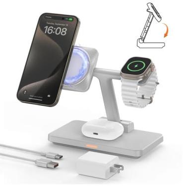 Imagem de Carregador sem fio JoyGeek 3 em 1 magnético para iPhone e relógio