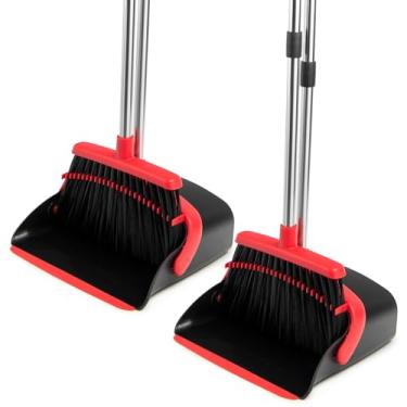 Imagem de XXFLOWER Conjunto de vassoura e pá de lixo com cabo longo, vassoura de poeira pesada e conjunto de pá de lixo para casa, cozinha, escritório, pelos de animais de estimação, 2 peças (preto vermelho)