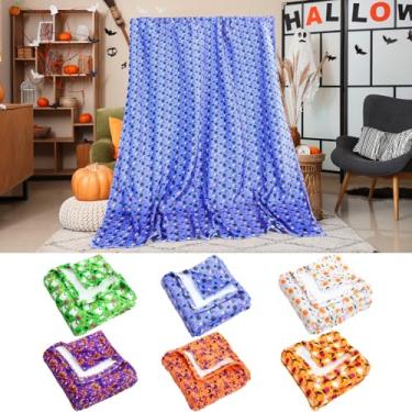 Imagem de Fanfanwin Pacote com 6 cobertores de Halloween a granel cobertor de flanela de Halloween abóbora fantasma morcego doce caveira leve manta macia e fofa colcha de pelúcia para sala de estar sofá