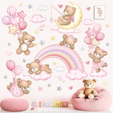 Imagem de wondever Adesivos de parede de urso arco-íris rosa balões animais nuvens estrelas descascar e colar decalques de arte de parede para berçário de bebê, quarto de crianças, quarto de meninas