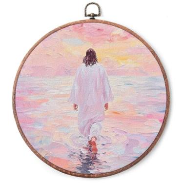 Imagem de Impressões em tela redondas rústicas de 25,4 x 25,4 cm - Jesus andando sobre a água - moldura para pendurar na parede - decoração de arte de parede em tela vintage presentes cristãos para amigos e