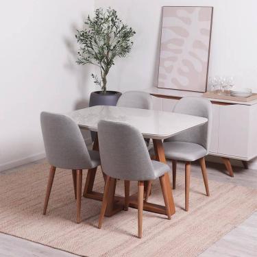 Imagem de Conjunto de Jantar Mesa Retangular com Vidro Bennett 4 Cadeiras New Drop - Natural c/ Cinza