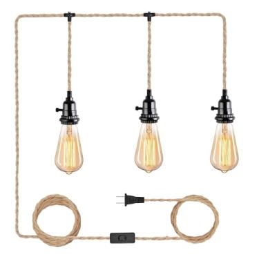 Imagem de CAFULAM 3 luzes pendentes de corda de cânhamo com plugue de corda de cânhamo luzes penduradas em vime com cabo de plugue com abajur tecido, lâmpada pendurada com corda de cânhamo