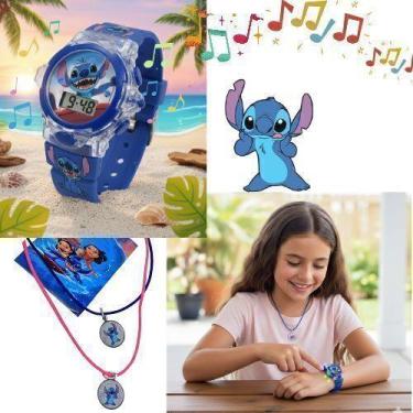 Imagem de Kit Relógio de Pulso Infantil Digital Pisca Luz Led Disney Stitch Lilo