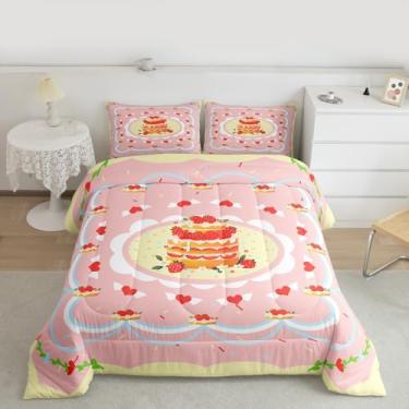 Imagem de Conjunto de edredom king de bolo de morango, bolo de sobremesa, 3 peças, para decoração de quarto de crianças, meninas, meninos, mulheres, edredom acolchoado, estampa de laço fofo, edredom kawaii