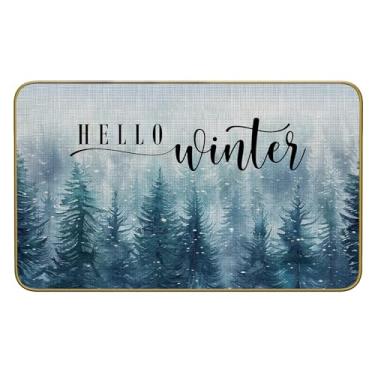 Imagem de Mingnei Tapete de porta Hello Winter Welcome para entrada de casa, casa de fazenda, rústico, inverno, pinheiro, floresta de pinheiros, tapetes para ambientes externos, tapete de entrada, 76 x 43 cm