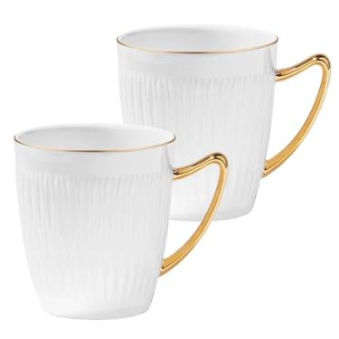 Imagem de Conjunto de 2 canecas de café de luxo Bone China, 227 g, xícaras de chá de porcelana finas brancas leves com borda fina dourada, mais de 45% de conteúdo ósseo, canecas finas de cerâmica de porcelana