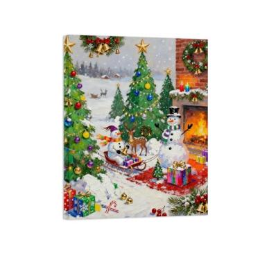 Imagem de Quadro parede Natal-Impressões em tela-Boneco neve árvore festa veados-Pintura decorativa para sala de estar cozinha 60x80cm Tela Embrulhada