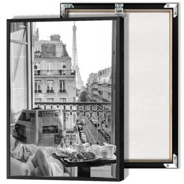 Imagem de Pôster vintage de leitura de jornal com vista da torre Eiffel arte de parede retrô preto e branco feminista para quarto de casa quarto dormitório apartamento decoração de parede emoldurada 40,6 x 61