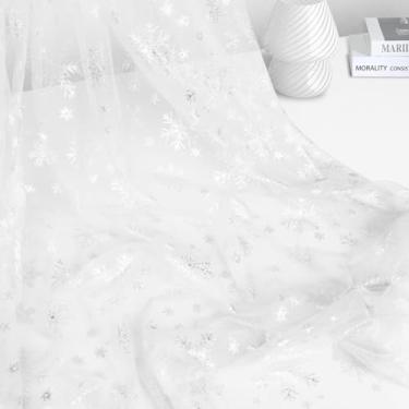 Imagem de Horbaunal Tecido transparente floco de neve 1 jarda, tecido de tule de folha prata branca por jarda, 150 cm de largura, tecido de floco de neve, toalha de mesa de tecido de organza para festa de
