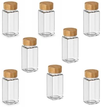 Imagem de Pote de Vidro com Tampa de Bambu, 125ml, Dosador Interno, Vedação Circular, Organizador P/Cozinha Mesa Bancada Armário Gaveta, P/Temperos Grãos (Kit C/ 8 Unidades)